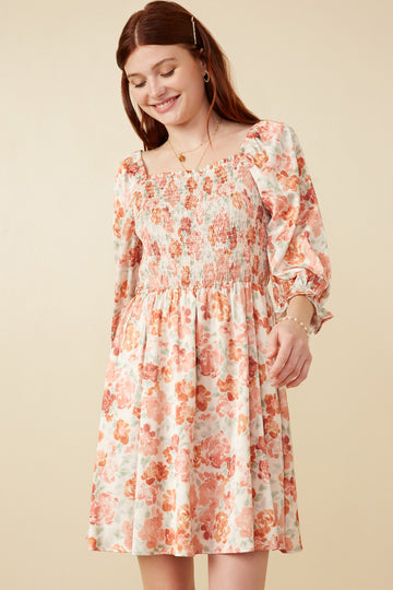 HY7471 Rust Womens Floral Print Cinch Cuff Smocked Square Neck Dress Front